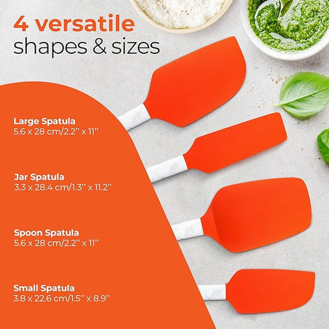M KITCHEN WORLD Heat Resistant Silicone Spatulas Set | Rubber Spatula Kitchen Utensils Non-Stick for Cooking, Baking and Mixing | Ergonomic, Dishwasher Safe Bakeware Set of 4, Orange