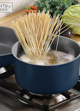 Country Kitchen Cookware Set with Removable Handle, Oven & RV Safe Pots and Pans Set, Denim, Original