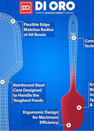 DI ORO - Large Silicone Spatula - 600ºF Heat-Resistant Spatula - Seamless Design - Pro-Grade Non-Stick Silicone Rubber with Reinforced Stainless Steel S-Core Technology (RED)