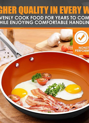 Nonstick Ceramic Copper Frying Pan: Non Stick 8 Inches Skillet With Glass Lid - Round Aluminum Saute Pan for Gas, Electric and Induction Cooktops (8 Inch)
