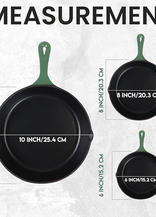 Utopia Kitchen Cast iron Skillets 3 Piece Set, Chefs Pan, Pre Seasoned Cast iron Skillets, 6, 8 & 10 Inches, Easy Use in the Oven, Stove, Grill, or Campfire, Green