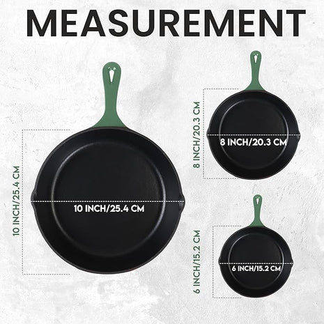 Utopia Kitchen Cast iron Skillets 3 Piece Set, Chefs Pan, Pre Seasoned Cast iron Skillets, 6, 8 & 10 Inches, Easy Use in the Oven, Stove, Grill, or Campfire, Green