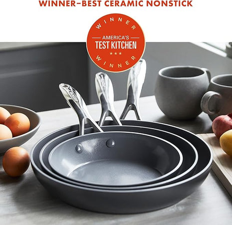 GreenPan Valencia Pro Hard Anodized 3 Piece Fry Pan Skillet Set, Ceramic Nonstick 8" 9.5" and 11" Induction Suitable Frying Pans, PFAS-Free Cookware, Dishwasher Safe, Oven and Broiler Safe, Gray