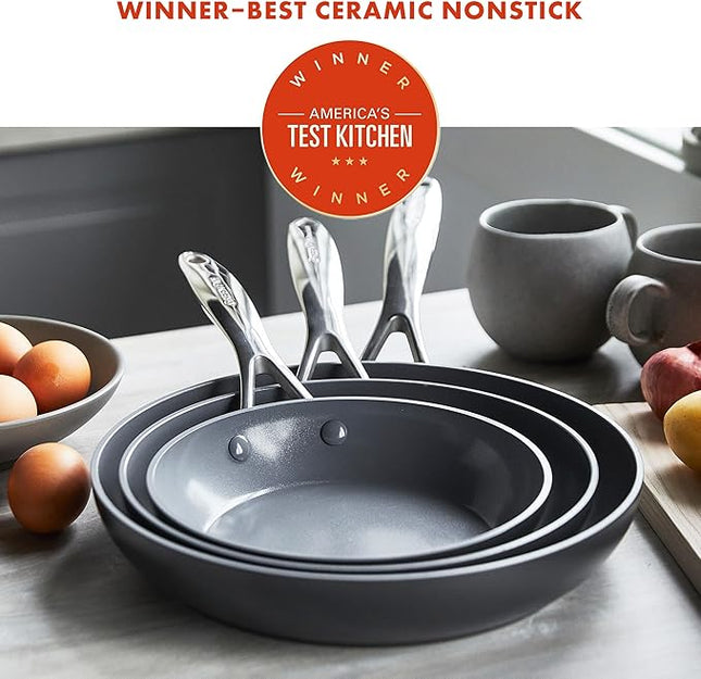 GreenPan Valencia Pro Hard Anodized 3 Piece Fry Pan Skillet Set, Ceramic Nonstick 8" 9.5" and 11" Induction Suitable Frying Pans, PFAS-Free Cookware, Dishwasher Safe, Oven and Broiler Safe, Gray