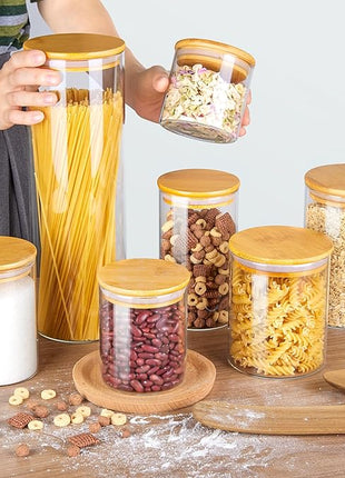 Vtopmart Glass Food Storage Jars, 7 Pack Kitchen Containers with Airtight Bamboo Wooden Lids for Pasta, Cookies, Nuts, Coffee Beans, Cereal, Canisters Set for Flour, Pantry Organization, BPA Free