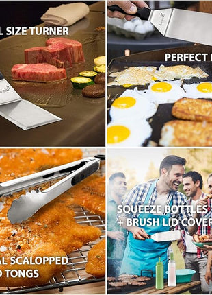 Metal Spatula Set of 4 - Griddle Accessories kit - Grill Flat Spatula Pancake Flipper Hamburger Turner - Metal Utensil Great for BBQ Grill Flat Top Cast Iron Griddle - Commercial Grade