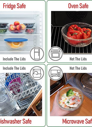 Set of 6 Stackable Space-Saving Nesting Glass Bowls with BPA Free Lids for Foodprep, Storage, Baking, Mixing & Cooking, Microwave Safe - Durable Inert Borosilicate Glass