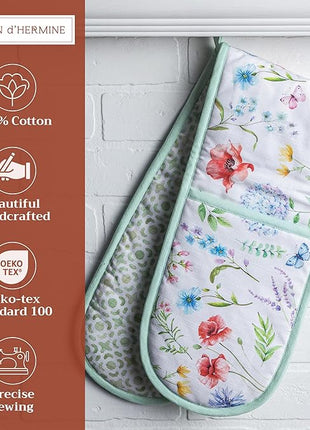 Maison d' Hermine Double Oven Mitts 100% Cotton 7"x35" Double Oven Mitt Heat Resistant BBQ Cooking Gloves with Loop, Baking, Grilling, Home, Kitchen, Handling Hot Pans Spring Summer (Just Floral).