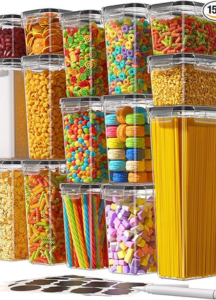 Airtight Food Storage Containers with Lids, 15 PCS Kitchen and Pantry Organization Canisters, BPA-Free, PVC-Free, Food-grade Plastic Leak-proof Jars for Cereal, Flour, Sugar, Extra 24 Labels & Marker
