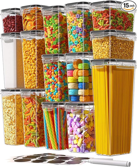 Airtight Food Storage Containers with Lids, 15 PCS Kitchen and Pantry Organization Canisters, BPA-Free, PVC-Free, Food-grade Plastic Leak-proof Jars for Cereal, Flour, Sugar, Extra 24 Labels & Marker