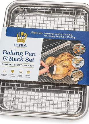 Ultra Cuisine Quarter Sheet Pan with Wire Rack Set - Includes Premium Aluminum Baking Sheet with 100% Stainless Steel Baking Rack, Dishwasher Safe Cookie Cooling Racks with 1/4 Pan Commercial Quality