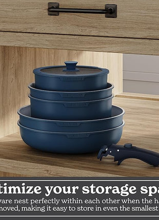 Country Kitchen Cookware Set with Removable Handle, Oven & RV Safe Pots and Pans Set, Denim, Original
