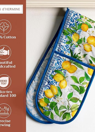 Maison d' Hermine Double Oven Mitts 100% Cotton 7"x35" Double Oven Mitt Heat Resistant BBQ Cooking Gloves with Loop, Baking, Grilling, Home, Kitchen, Handling Hot Pans Spring Summer (Cedrat)