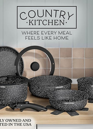 Country Kitchen Cookware Set with Removable Handle, Oven & RV Safe Pots and Pans Set, Black, Original