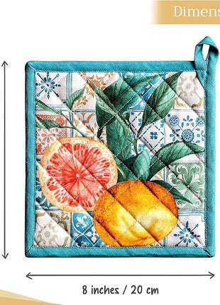 Maison d' Hermine Pot Holders 100% Cotton Heat Resistant Potholders 8" x 8" Hot Pads with Loop BBQ, Cooking, Baking, Grilling, Kitchen, Handling Hot Pans Spring/Summer (Pack of 1, Agrume)