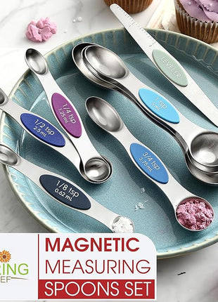 Spring Chef Stainless Steel Magnetic Measuring Spoons Set of 8 with Leveler, Dual Sided Metal Teaspoon & Tablespoon Measuring Spoons, Nesting Kitchen Gadgets for Baking & Cooking - Winter Frost