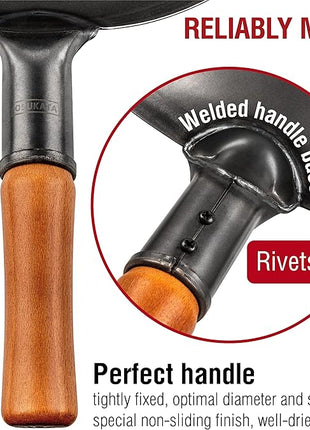 YOSUKATA 14" Carbon Steel Wok with Round Bottom – Pre-Seasoned Pow Wok for Stir Fry – Traditional Chinese Japanese Black Steel Pan – Outdoor Cookware for Gas Stovetops, Open Fire, BBQ, Camping