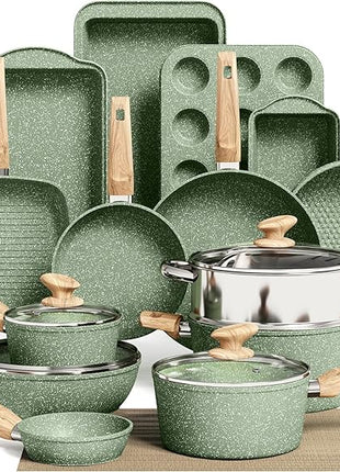 Kitchen Academy Pots and Pans Set Nonstick, 30 Pieces Induction Kitchen Cookware and Bakeware Sets, Green Granite Coating Cooking Pans Set