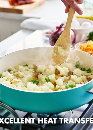 GreenPan Rio Healthy Ceramic Nonstick 5QT Saute Pan Jumbo Cooker with Helper Handle and Lid, PFAS-Free, Dishwasher Safe, Turquoise