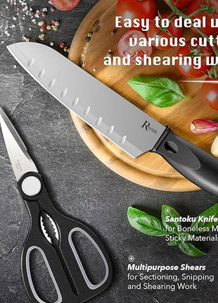 Kitchen Knife Set with Block, 7 Pieces Chef Knife Set with Knives, Scissor, Block for Meat/Vegetables/Fruits Chopping, Slicing, Dicing&Cutting