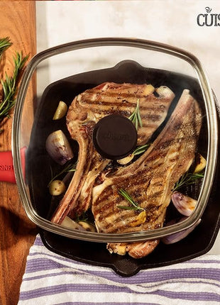 Cuisinel Cast Iron Grill Pan + Glass Lid + Silicone Handle Cover + Pan Scraper - 10.5"-inch Pre-Seasoned Square Skillet - Stovetop, Induction Safe - Indoor/Outdoor Use - for Grilling, Frying, Sautéing