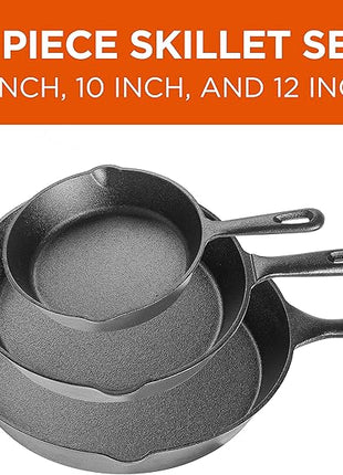 Commercial CHEF 3-Piece Cast Iron Skillet Set – 8 inch, 10 inch, and 12 inch - Pre-seasoned Cast Iron Cookware