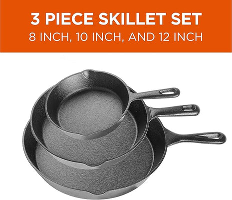 Commercial CHEF 3-Piece Cast Iron Skillet Set – 8 inch, 10 inch, and 12 inch - Pre-seasoned Cast Iron Cookware