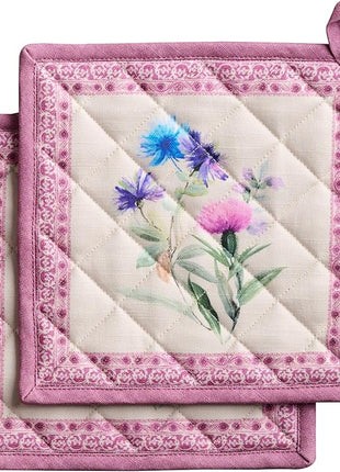 Maison d' Hermine Pot Holders Set 100% Cotton Heat Resistant Potholders 8" x 8" Hot Pads with Loop BBQ, Cooking, Baking, Grilling, Kitchen, Handling Hot Pans Spring/Summer (Pack of 2, Chardon)