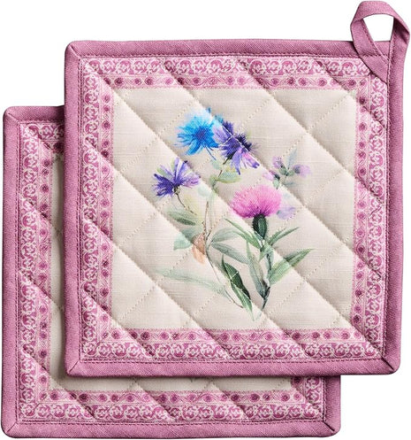 Maison d' Hermine Pot Holders Set 100% Cotton Heat Resistant Potholders 8" x 8" Hot Pads with Loop BBQ, Cooking, Baking, Grilling, Kitchen, Handling Hot Pans Spring/Summer (Pack of 2, Chardon)