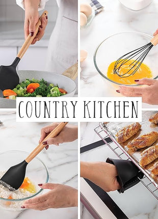 Country Kitchen Non Stick Silicone Utensil Set with Rounded Wood Handles for Cooking and Baking, 38 Piece Set, Black