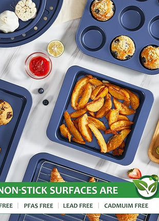 HONGBAKE Bakeware Sets, Baking Pans Set, Nonstick Oven Pan for Kitchen with Wider Grips, 10-Piece Including Rack, Cookie Sheet, Cake Pans, Loaf Pan, Muffin Pan, Pizza Pan - Blue