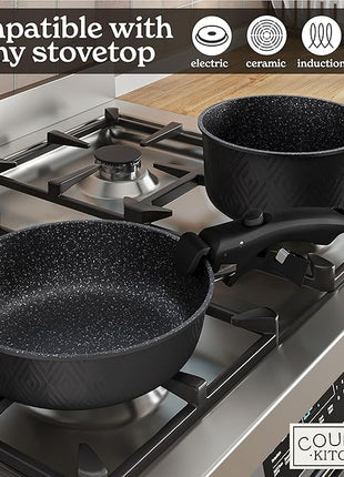 Country Kitchen Cookware Set with Removable Handle, Oven & RV Safe Pots and Pans Set, Black Rhombus, Original