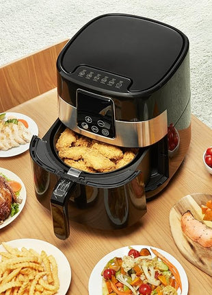 Amazon Basics 3.2 Quart 6-In-1 Air Fryer (Fry, Crisp, Roast, Bake, Reheat, Dehydrate), Non-Stick, with Timer, Auto Shut-Off, Digital Touch Screen, 180-400°F, 1400W, Black/Silver