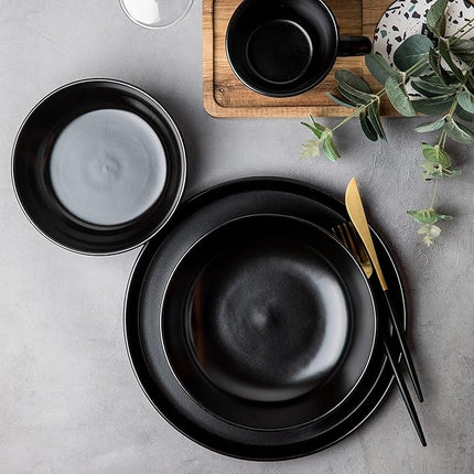 SKUGGA Round Stoneware 16pc Dinnerware Set of 4, Dinner Plates, Side Plates, Cereal Bowls, Mugs - Matte Black (472979)