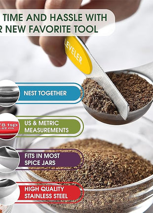 Spring Chef Stainless Steel Magnetic Measuring Spoons Set with Strong Magnets, Heavy Duty Metal Kitchen Essentials - Fits in Most Kitchen Spice Jars, Multicolor, Set of 8 with Leveler