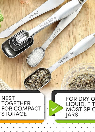 Spring Chef Stainless Steel Measuring Spoons Set of 8 with Leveler, Metal Teaspoon & Tablespoon Measuring Spoons for Dry & Liquid Ingredients, Fits in Spice Jars - Kitchen Gadgets For Baking & Cooking