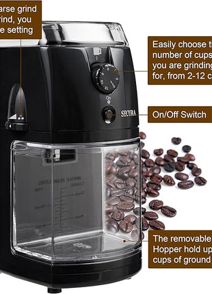 Secura Electric Burr Coffee Grinder Mill, Adjustable Cup Size, 17 Fine to Coarse Grind Size Settings for Drip, Percolator, French Press and Turkish Coffee Makers, Black,12 cups