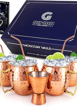G GOODYGOODS Moscow Mule Mugs, Real Copper Plating, Stainless Steel inside Lining, Gift Set of 4 Handcrafted 18 Oz Copper Cups, 4 Unique Straws, Jigger, Ring Bottle Opener & Recipe Booklet!