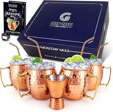 G GOODYGOODS Moscow Mule Mugs, Real Copper Plating, Stainless Steel inside Lining, Gift Set of 4 Handcrafted 18 Oz Copper Cups, 4 Unique Straws, Jigger, Ring Bottle Opener & Recipe Booklet!