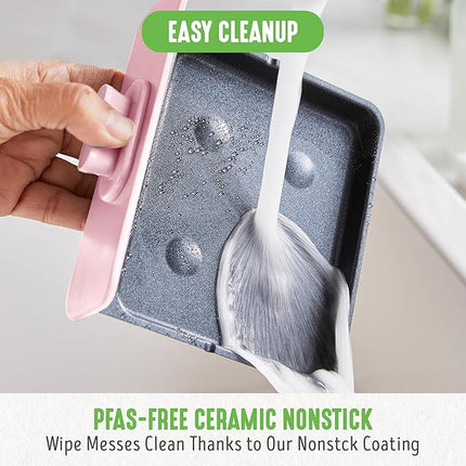 GreenLife 3-in-1 Breakfast Maker Station, Healthy Ceramic Nonstick Dual Griddles for Eggs Meat Sausage Bacon Pancakes and Breakfast Sandwiches, 2 Slice Toast Drawer, Easy-to-use Timer, Pink