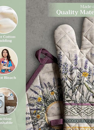 Maison d' Hermine 100% Cotton Oven Mitt & Pot Holder Set (7.5"x13" & 8"x8") Heat Resistant BBQ Cooking Gloves with Loop, Baking, Grilling, Kitchen, Handling Hot Pans Spring/Summer (Fanny Lavender)