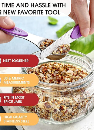 Spring Chef Stainless Steel Magnetic Measuring Spoons Set of 8 with Leveler, Nesting Metal Teaspoon & Tablespoon Measuring Spoons for Food, Heavy Duty Kitchen Gadgets for Baking & Cooking - Orchid