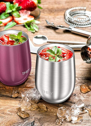 THILY Metal Stemless Insulated Wine Glass T1 Triple-insulated Stainless Steel Wine Tumbler with Lid and Straw, Reusable, Keep Cold & Hot for Wine, Coffee, Drinks, Champagne, Beverage, Silver
