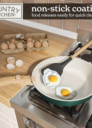 Country Kitchen Cookware Set with Removable Handle, Oven & RV Safe Pots and Pans Set, Sage Wood Handle, Original