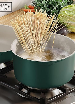 Country Kitchen Cookware Set with Removable Handle, Oven & RV Safe Pots and Pans Set, Sage Wood Handle, Original