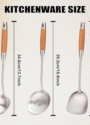 FJNATINH Wok Utensils - Wok tTools - Spatula and Ladle, Skimmer Spoon Set Metal 304 Stainless Steel Kitchen Cooking Utensils Sets, 3-Pieces Wok Tools, Wooden Handle 14-15 Inch