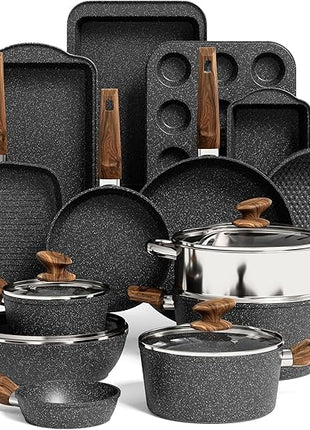 Kitchen Induction Cookware & Bakeware Set - 30 Piece Black Granite Cooking Pans Set, Non-Stick Pots and Pans Set