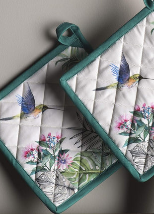 Maison d' Hermine Pot Holders Set 100% Cotton Heat Resistant Potholders 8" x 8" Hot Pads with Loop BBQ, Cooking, Baking, Grilling, Kitchen, Handling Hot Pans Spring/Summer (Pack of 2, Tropiques)