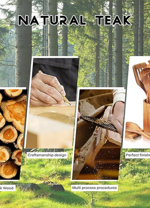 Teak Wooden Spoons for Cooking - 9 Pcs Comfort Grip Kitchen Utensil Set with Holder & Rest