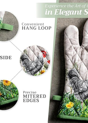 Maison d' Hermine Oven Gloves 100% Cotton Oven Mitt 7" x 13" with Loop Heat Resistant, BBQ, Cooking Gloves, Baking, Grilling, Kitchen, Handling Hot Pans Spring/Summer (Pack of 1, Basse Cour)